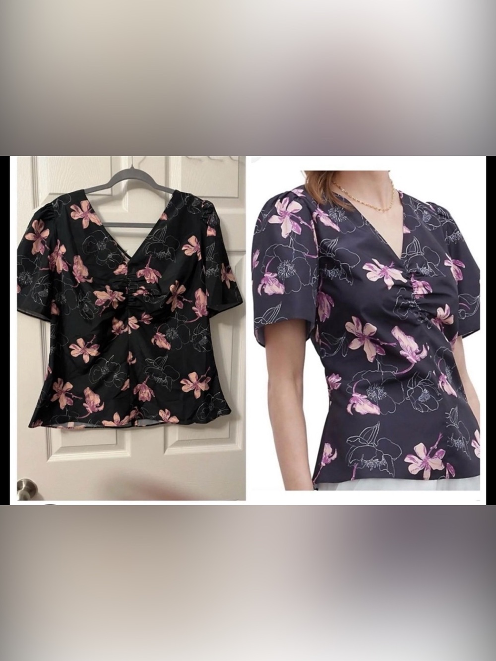 New Club Monaco Pink and Black Ruched Puff Sleeve Blouse XXS